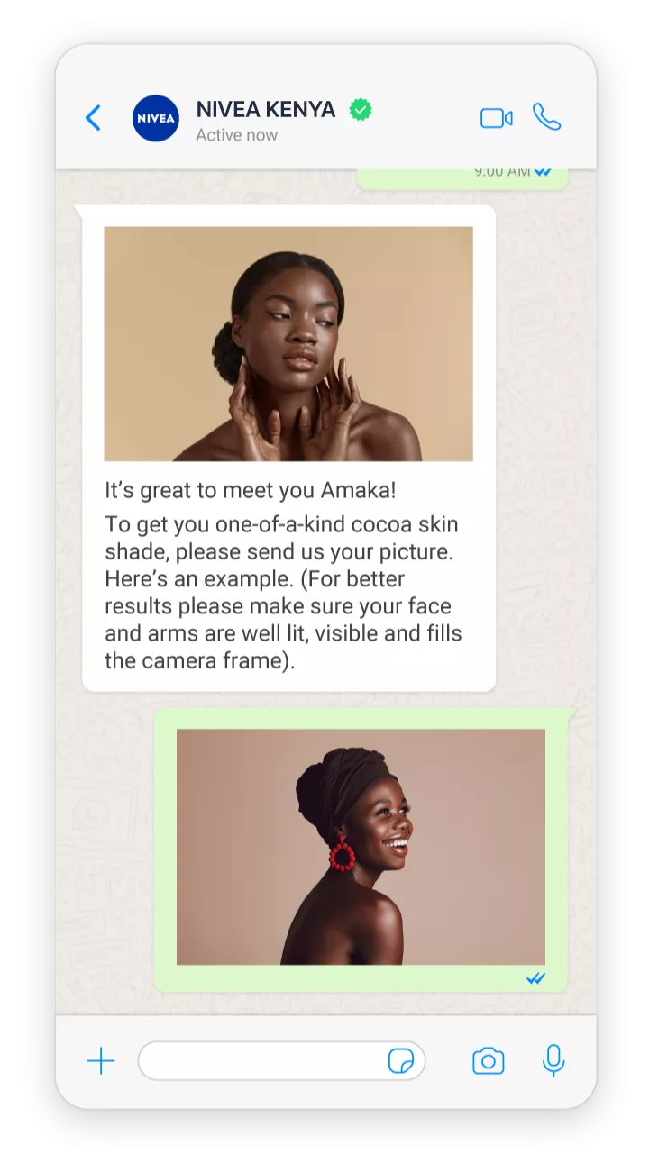 A continuation of a WhatsApp interaction between a person and a chatbot as part of a Nivea campaign.