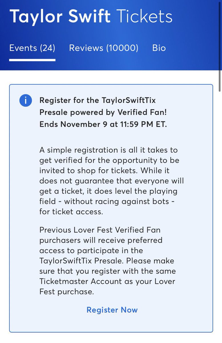 An image of a registration process for concert tickets that requires verification by text message.