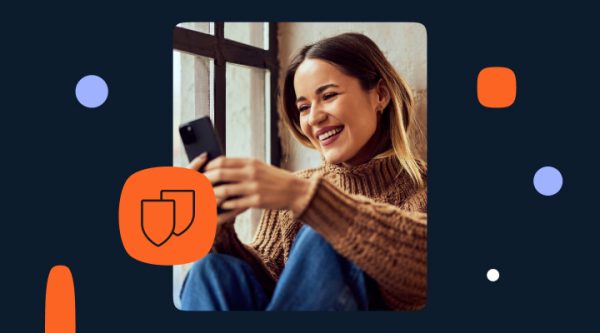 Website header image showing a smiling woman sitting by a window and looking at her smartphone. The image is framed by orange and lavender decorative shapes on a dark blue background, with an orange shield icon overlay.