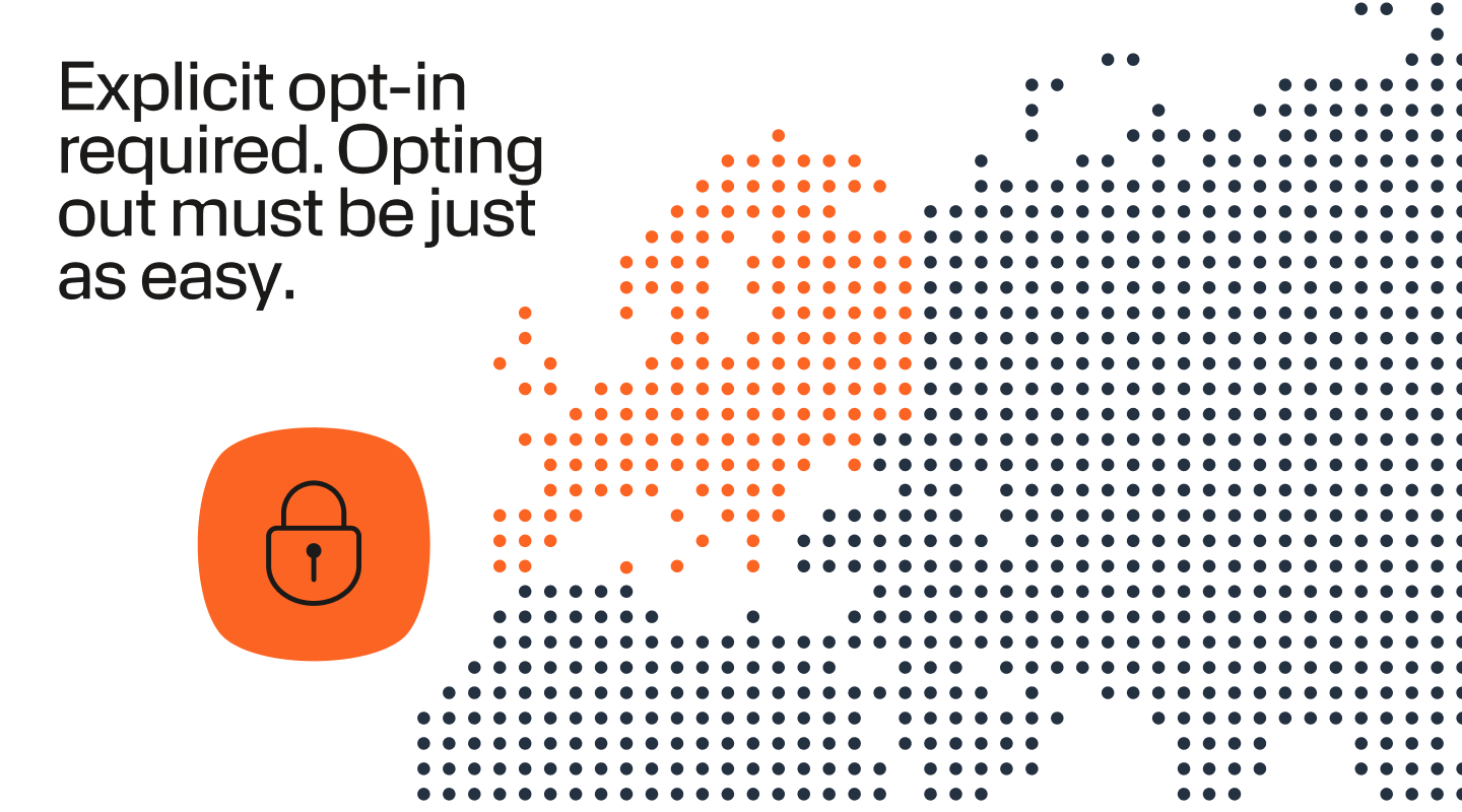 Graphic showing the text “Explicit opt-in required. Opting out must be just as easy.” A world map made of orange and dark blue dots appears beside an orange lock icon, reinforcing SMS consent and unsubscribe requirements.
