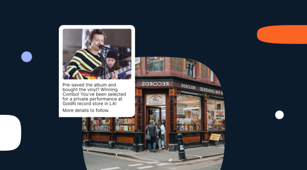Header image showing a record store storefront with customers entering, overlaid with a notification card containing a photo of a musician performing with a guitar and microphone. Notification text reads: 'Pre-saved the album and bought the vinyl? Winning Combo! You've been selected for a private performance at GoldN record store in LA! More details to follow.'
