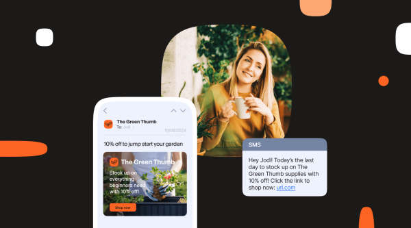 Email and SMS marketing messages from The Green Thumb offering a 10% discount on gardening supplies for beginners.