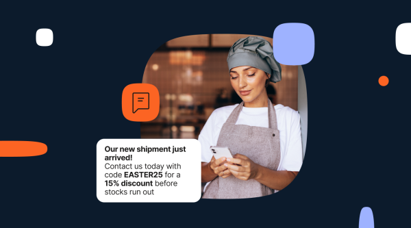 header image showing a small business owner receiving a B2B marketing text message.