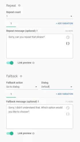 An example of how to configure the fallback option when building a WhatsApp chatbot