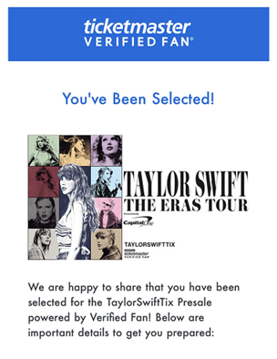 An image of a successful registration process for concert tickets that requires verification by text message.