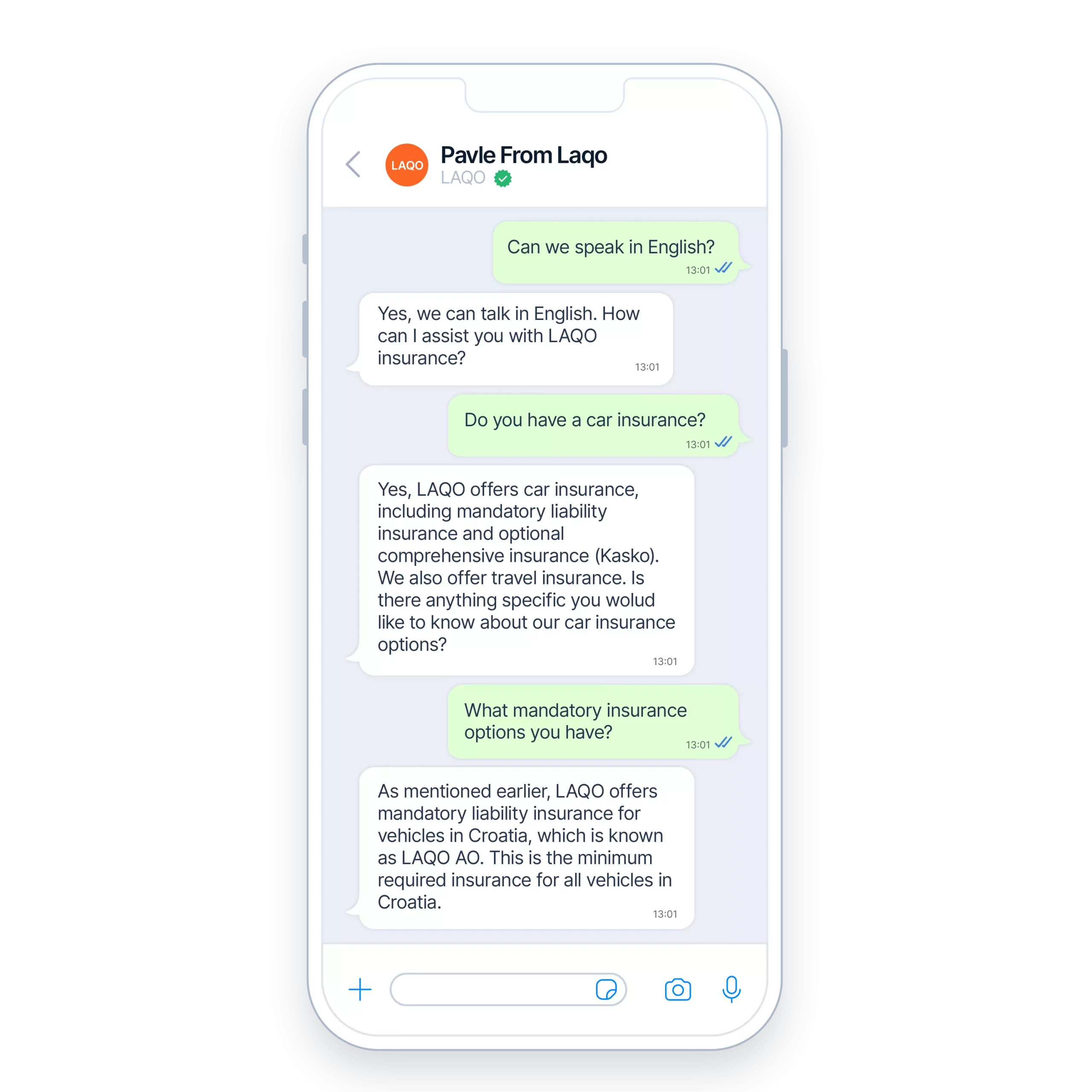 Second example of a chat featuring LAQO insurance chatbot.