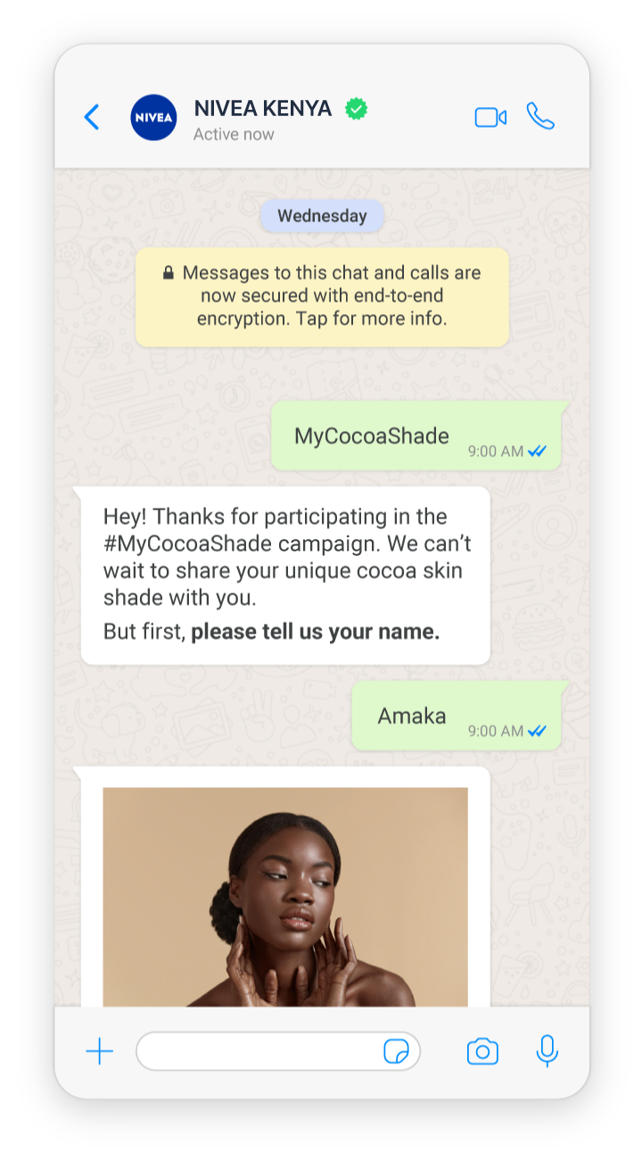 An example from a Nivea WhatsApp chatbot campaign to support a skincare product launch.