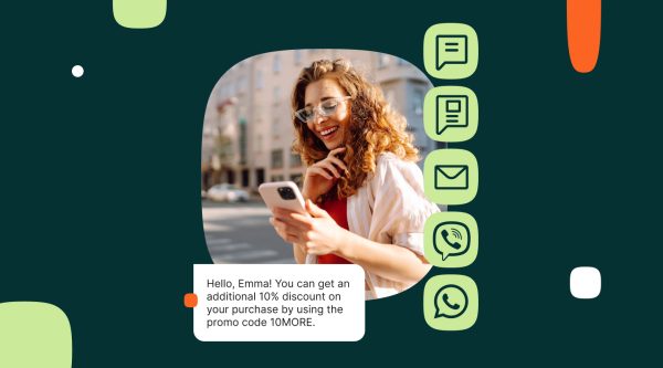 A young woman smiles while reading a message on her phone, surrounded by icons representing different communication channels like SMS, email, WhatsApp, and Viber — illustrating the concept of omnichannel customer service.
