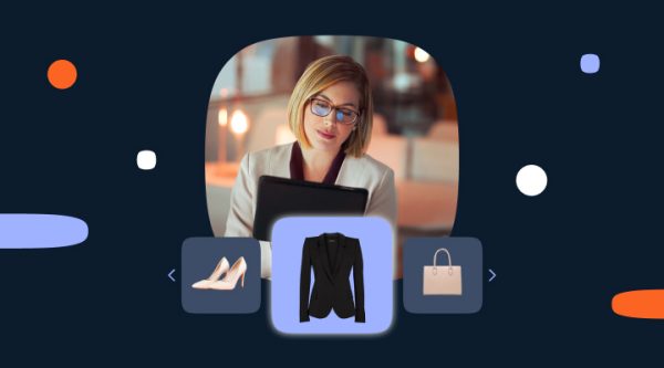 Graphic representing phygital marketing, with a digital product carousel displaying options such as high heels, a black blazer, and a handbag in the foreground. The layout and design emphasize the blend of physical and digital shopping experiences.