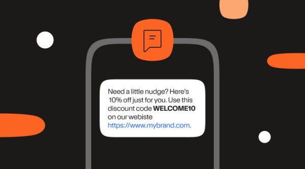 Mobile phone illustration showcasing an abandoned cart SMS template offering a discount code and website link to encourage cart recovery.