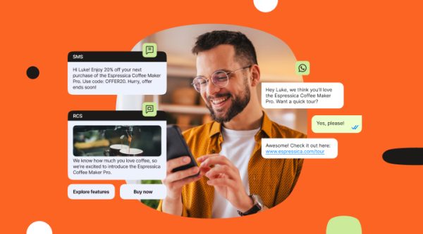 The image features three examples of mobile communication channels: SMS, RCS, and WhatsApp, each with a message promoting the Espressica Coffee Maker Pro. The SMS offers a 20% discount, the RCS message highlights features with options to explore or buy, and the WhatsApp message invites the recipient to take a quick tour.