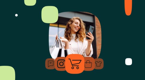 Photo of a woman outdoors holding shopping bags and looking at her phone, framed by a dark graphic background with retail-related icons, including a shopping cart, bag, and clothing symbol.