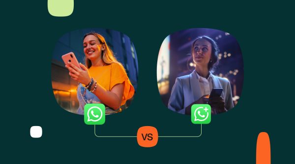 Two people using their phones, shown side by side, representing the comparison between WhatsApp Messenger and WhatsApp Business. The left image shows a woman smiling at her phone with the WhatsApp icon, and the right image shows a business professional holding a phone with the WhatsApp Business icon.