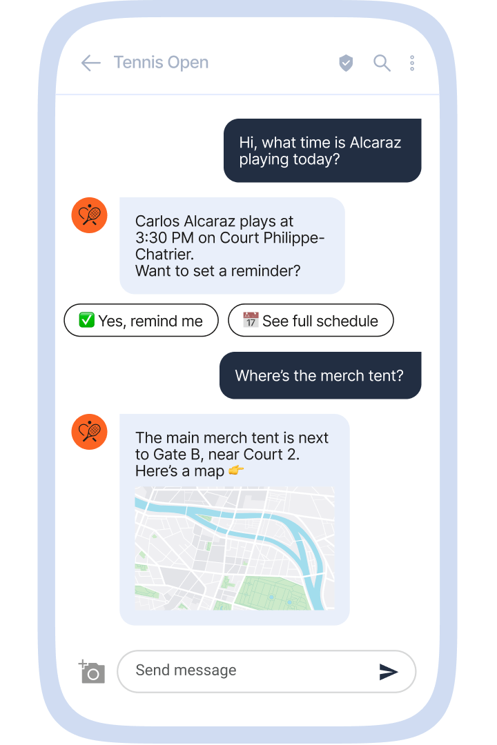 Chat conversation with Tennis Open. The user asks about Alcaraz's match time, and the response indicates he plays at 3:30 PM on Court Philippe-Chatrier, offering options to set a reminder or see the full schedule. The user inquires about the merch tent location, and the response provides directions near Gate B, Court 2, with a map.