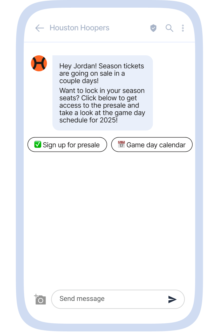Message from Houston Hoopers to Jordan about season tickets going on sale soon. The message invites Jordan to sign up for presale access and view the game day schedule for 2025, with options to 'Sign up for presale' and 'Game day calendar.