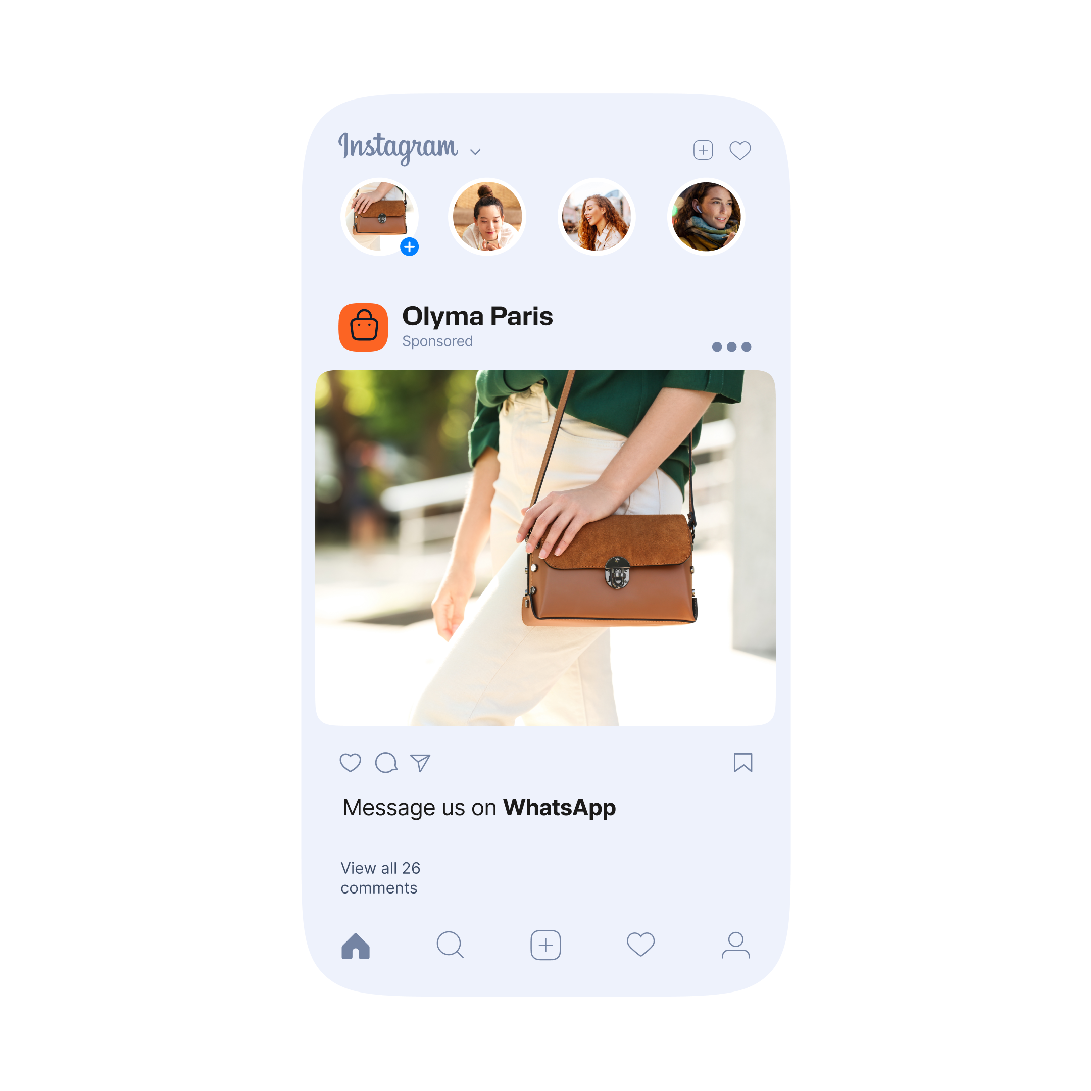 The image shows a smartphone screen displaying an Instagram ad from the brand Olyma Paris.