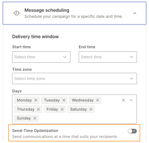 Screenshot of Infobip Moments platform showing the Send-Time Optimization feature toggle.
