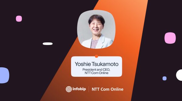 Yoshie Tsukamoto, President and CEO of NTT Com Online, featured in Infobip spotlight visual emphasizing the role of trust and localization in CPaaS innovation.