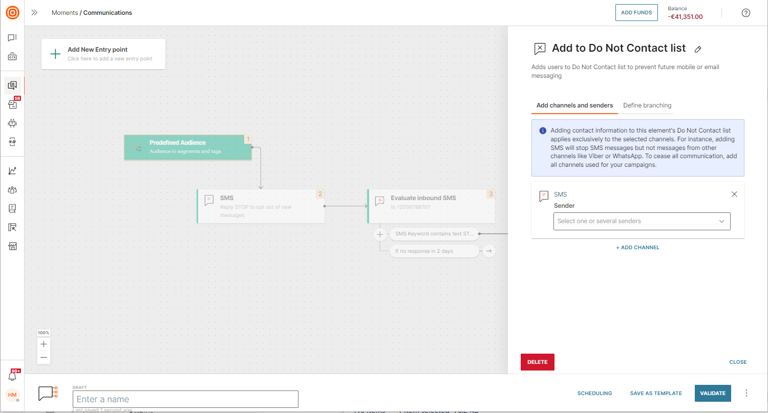 Screenshot of Infobip Moments platform showing the opt-out flow.