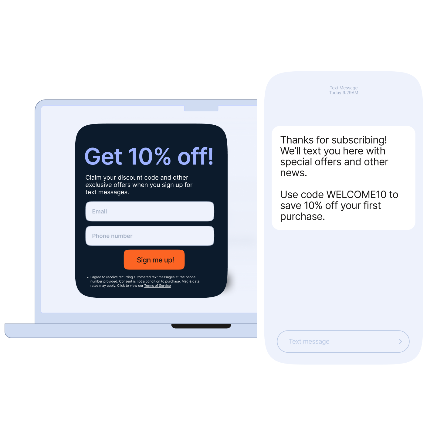 Split visual showing an SMS popup on a laptop offering 10% off for email and phone number sign-up, alongside a phone displaying the welcome message and discount code.