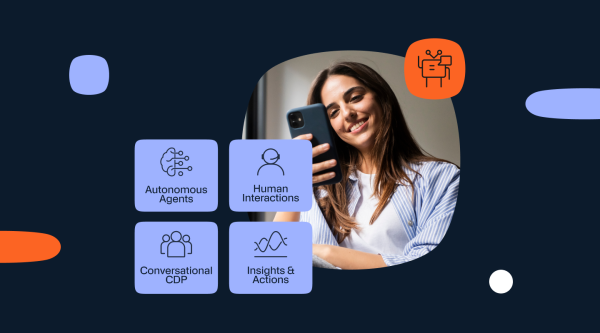 Dark navy header graphic with abstract shapes in light blue, white, and orange. On the right, a photo shows a smiling woman with long brown hair holding a smartphone and looking at the screen, framed inside a rounded rectangular cutout. Above the photo, an orange rounded square contains a simple black line icon of a robot/agent. To the left of the photo are four light-blue rounded square tiles arranged in a 2×2 grid with line icons and labels: “Autonomous Agents” (brain with circuit lines), “Human Interactions” (person with headset), “Conversational CDP” (group of people), and “Insights & Actions” (waveform with dots). No headline text or Infobip logo appears in this image.