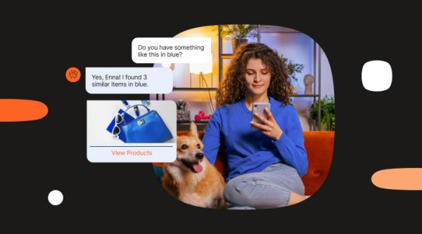 A visual showing a person wearing a blue sweater and holding a smartphone. Overlaid on the image is a chat conversation where the person asks, "Do you have something like this in blue?" and receives a reply, "Yes, Enna! I found 3 similar items in blue," along with a product image of a blue handbag and sunglasses, and a "View Products" link below.