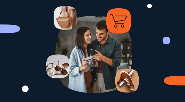 Couple shopping together on a smartphone, surrounded by product images including a handbag, sunglasses, sandals, and a shopping cart icon on a dark blue background.
