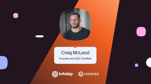 Portrait of Craig McLeod with the text "Craig McLeod, Founder and CEO: Codified" displayed beneath, alongside the Infobip and Codified logos on an orange and dark background with abstract decorative shapes.