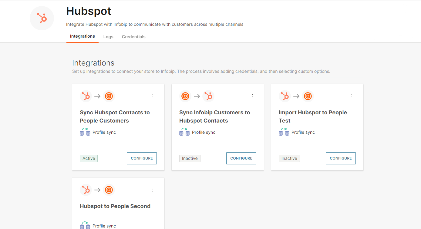 Screenshot of Infobip's platform showing a list of Hubspot integrations