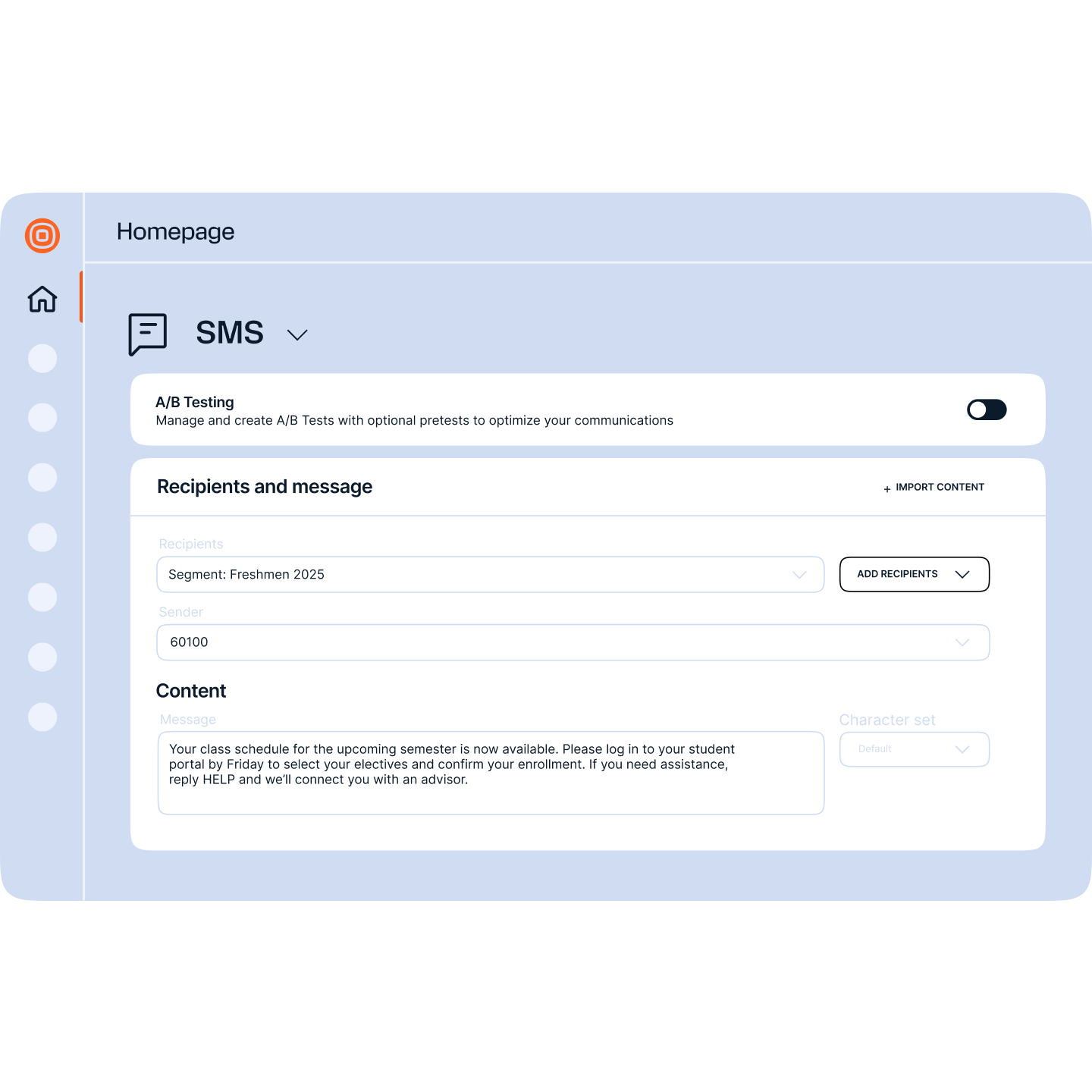 SMS segmentation example with a message that reads: Your class schedule for the upcoming semester is now available. Please log in to your student portal by Friday to select your electives and confirm your enrollment. If you need assistance reply HELP and we'll connect you with an advisor.
