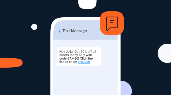 An SMS message to Julie offering her 20% off her net purchase with a special code. The URL to the webshop is included in the SMS.