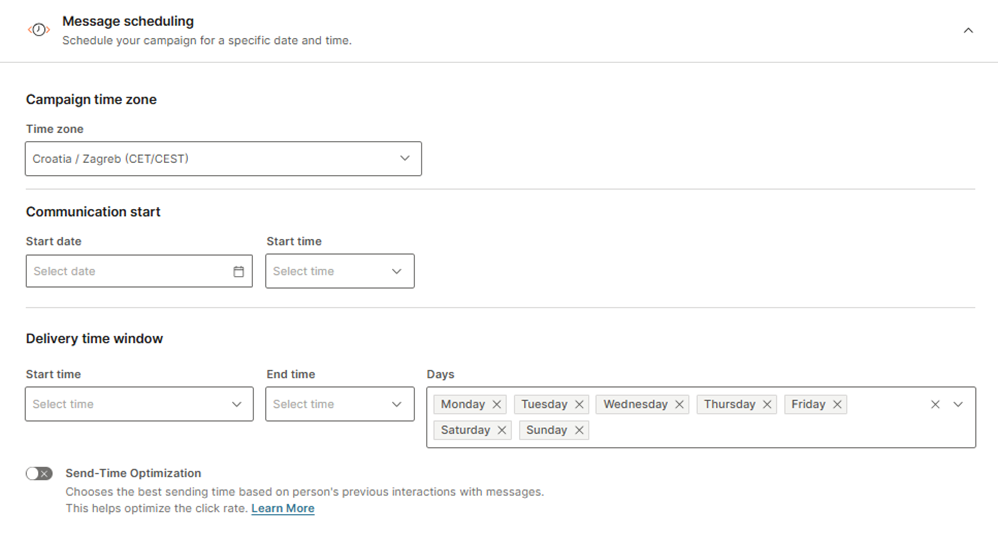 Screenshot of a Infobip's broadcast settings interface for SMS messages. Options include selecting a campaign time zone, setting the communication start date and time, and specifying a delivery time window with start and end times and selectable days of the week. There is also a toggle for "Send-Time Optimization" that recommends the best sending time based on user interactions.