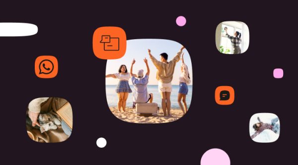 Social media card on a dark purple background featuring a collage of rounded photo tiles: a group of friends cheering on the beach, a person cleaning a window, a hand petting a cat next to a book, and a person lying in the snow. Orange WhatsApp and chat message icons and decorative pink and white dots are placed around the images.