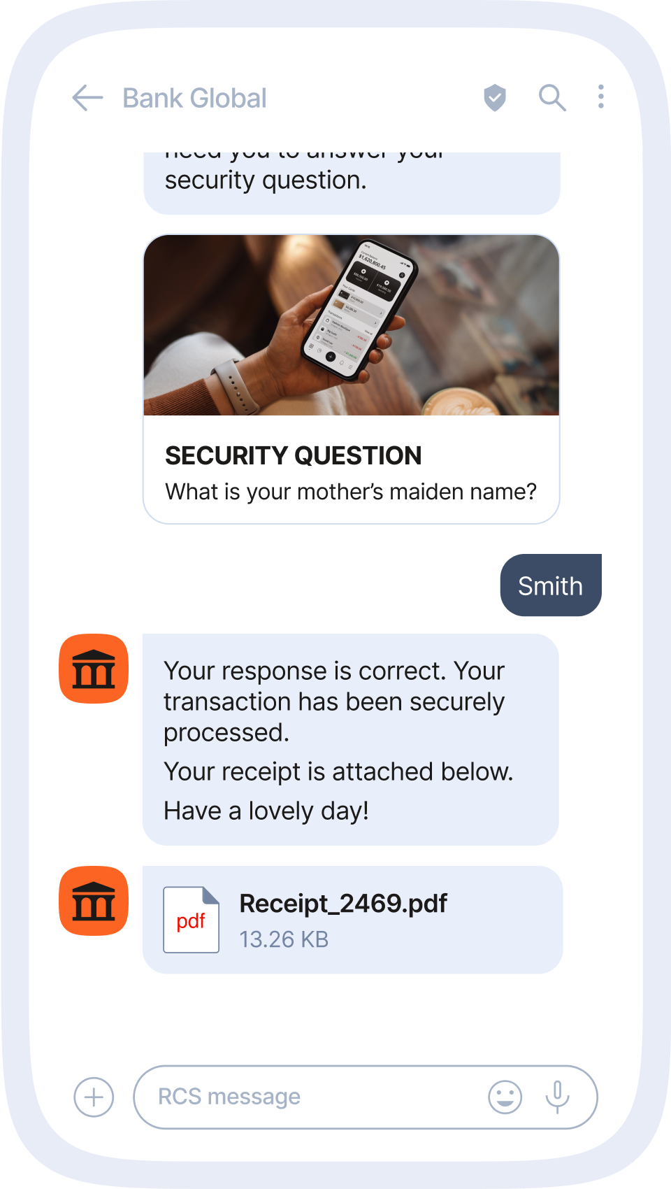 Scam bank message confirming a fake transaction and attaching a receipt PDF, demonstrating how SIM swap fraudsters trick users into downloading malicious files.