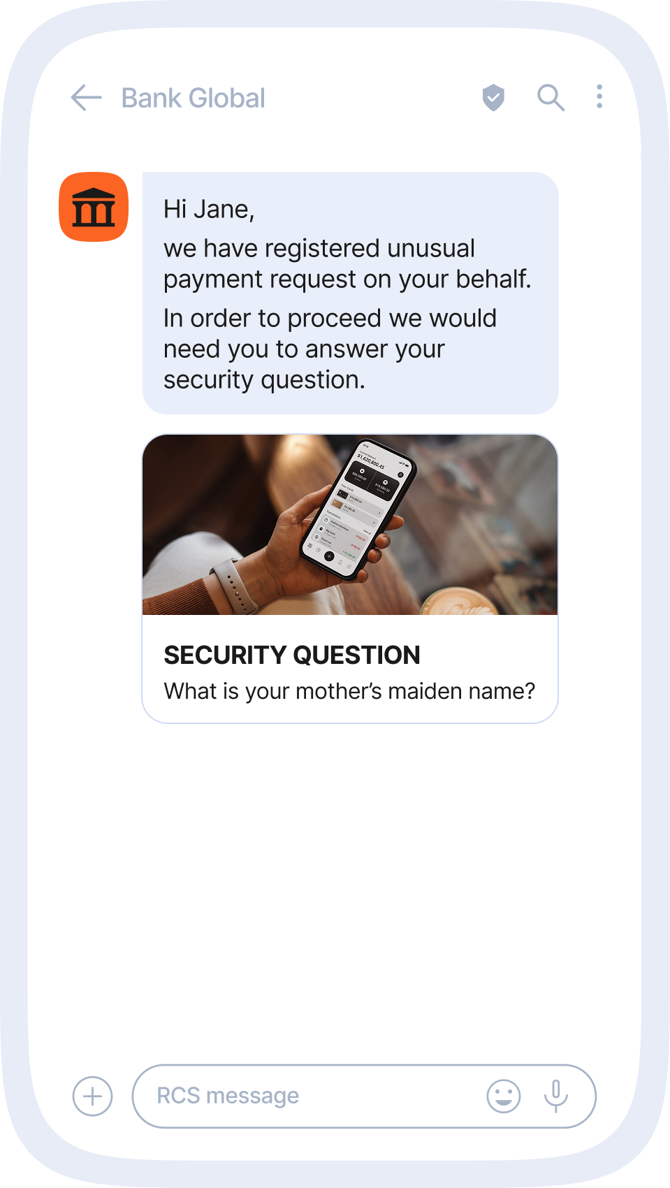 RCS message from a bank asking the customer to answer a security question to verify identity, illustrating a SIM swap scam attempt.