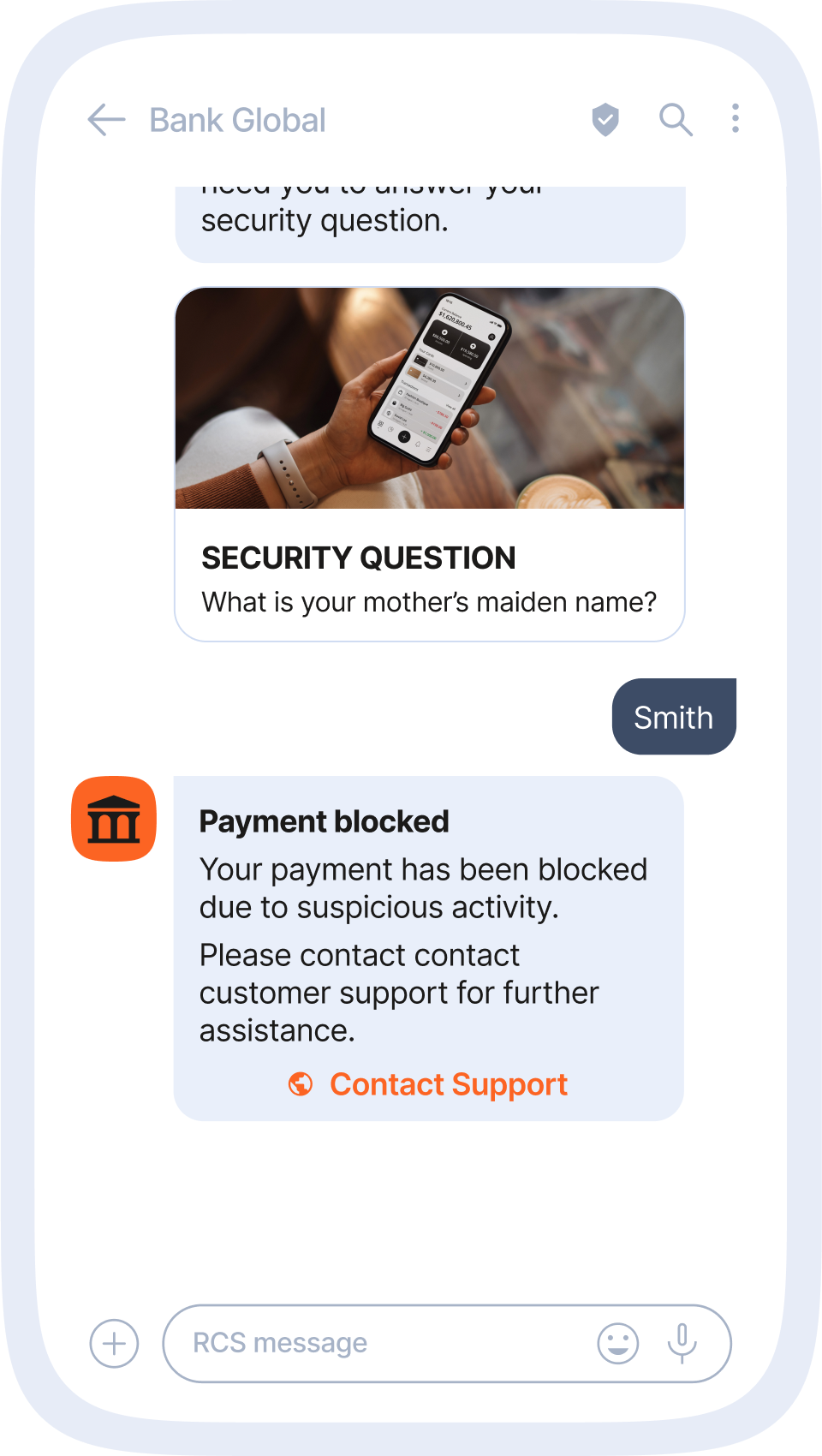 Example of a fraudulent bank message blocking a payment after receiving a security answer, highlighting SIM swap scam tactics through RCS messaging.