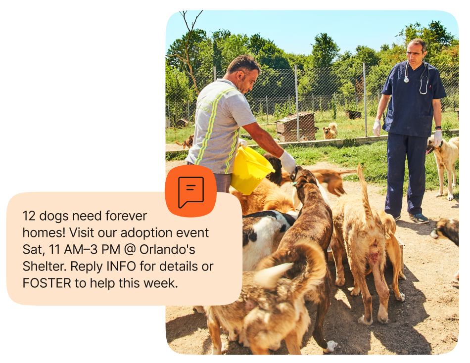 People at animal shelter surrounded by dogs. An overlay text message that says: 12 dogs need forever homes! Visit our adoption event Saturday, 11AM-3PM at Orlando's Shelter. Reply INFO for details or FOSTER to help this week.