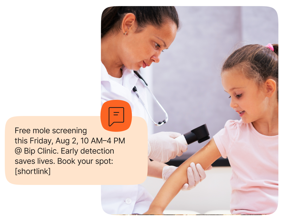 A doctor is looking at a small girl and an overlay text message says: Free mole screening this Friday, Aug 2, 10AM-4PM at BIP clinic. Early detection saves lives. Book your spot: shortlink.