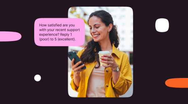 SMS survey and questionnares header, showcasing a woman reading a message that says: How satisfied are you with your recent support experience? Reply 1 (poor) to 5 (excellent).