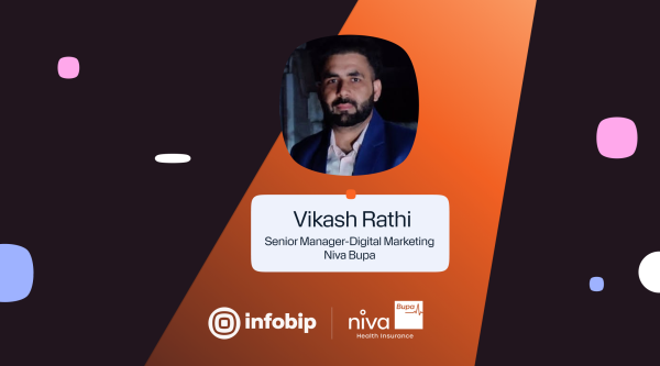 Header image featuring Infobip and Niva Bupa logos with the title “Niva Bupa: Redefining CX with personalized interactions.” The image highlights Vikash Rathi, Senior Manager – Digital Marketing at Niva Bupa, with his photo on the right side over an orange gradient background. The design includes abstract decorative shapes and the label “In the Spotlight” in the bottom left corner.