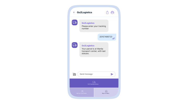 Go2Logistics chat asks for a tracking number; user enters 20157489723; reply says the parcel is at the Manila transport center, with status. Bottom bar shows Full Tracking History, Call and Contact Center, and Back to Main Menu.