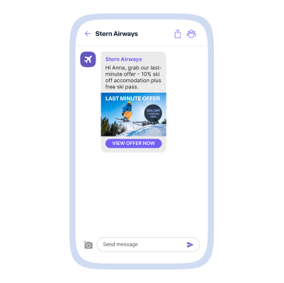 Chat screen from Stern Airways with a promo card: “Last minute offer—10% off ski accommodation plus free ski pass,” and a “View offer now” button.