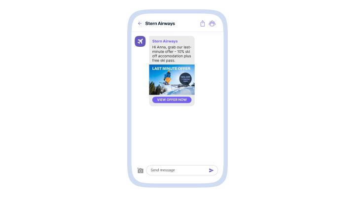 Chat screen from Stern Airways with a promo card: “Last minute offer—10% off ski accommodation plus free ski pass,” and a “View offer now” button.