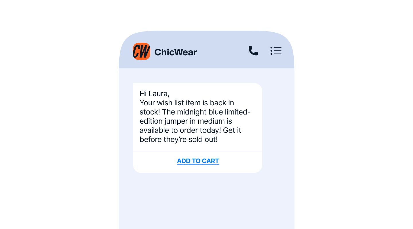 A message from a brand notification stating that a wish list item is back in stock. The midnight blue limited-edition jumper in medium is available to order with an option to add it to the cart.