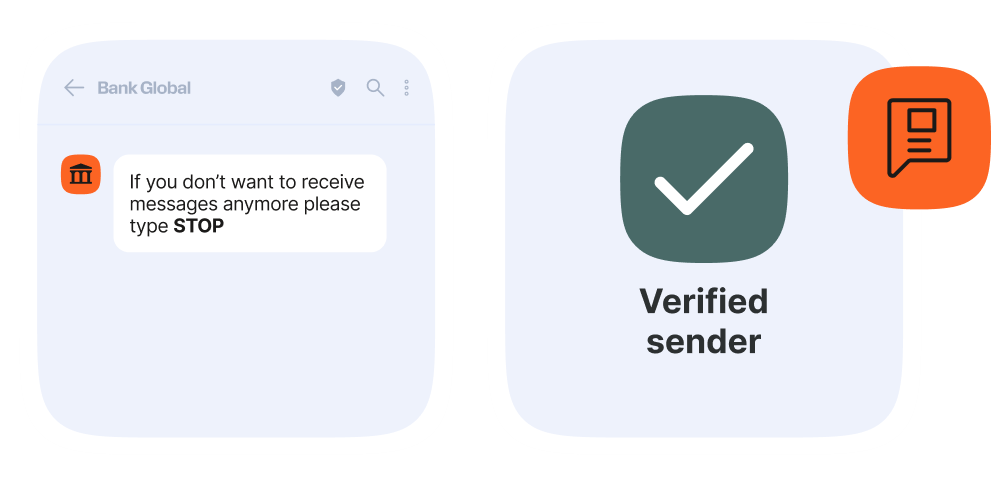 Two images, one showcasing an opt out message: If you don't want to receive messages anymore please type STOP. And another image showcasing a tick as RCS messages should be sent from verified senders.