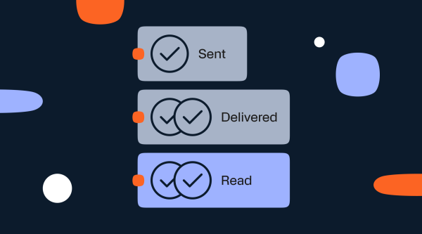 Illustration showing RCS checkmarks with labels: single checkmark for Sent, double checkmarks for Delivered, and double checkmarks highlighted in blue for Read.