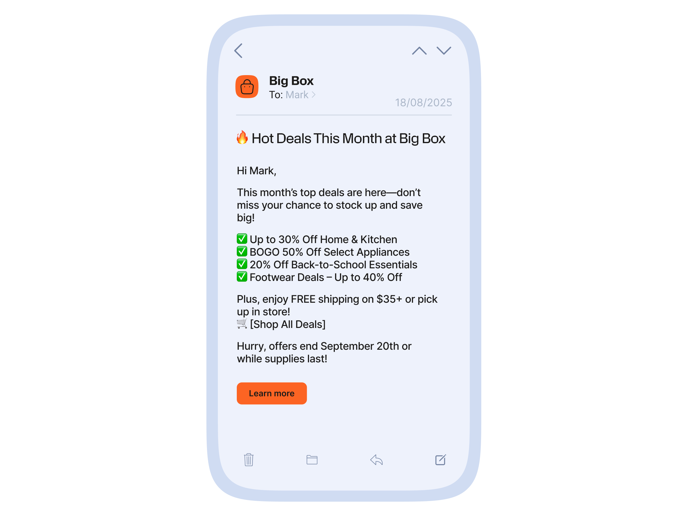Mobile phone displaying a promotional message with top deals and free shipping offers from Big Box.