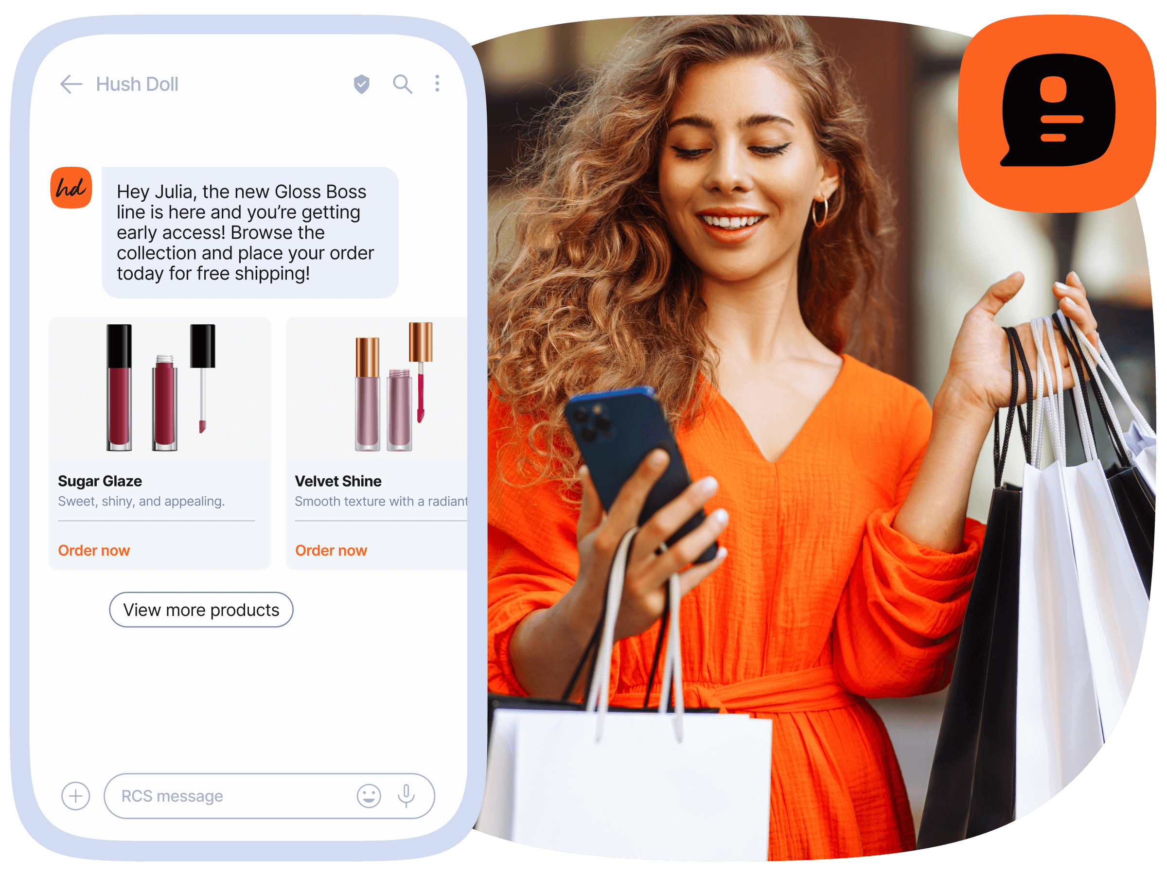 Shopping app message featuring early access to new lip gloss products with options to order and view more items, alongside a person holding shopping bags.