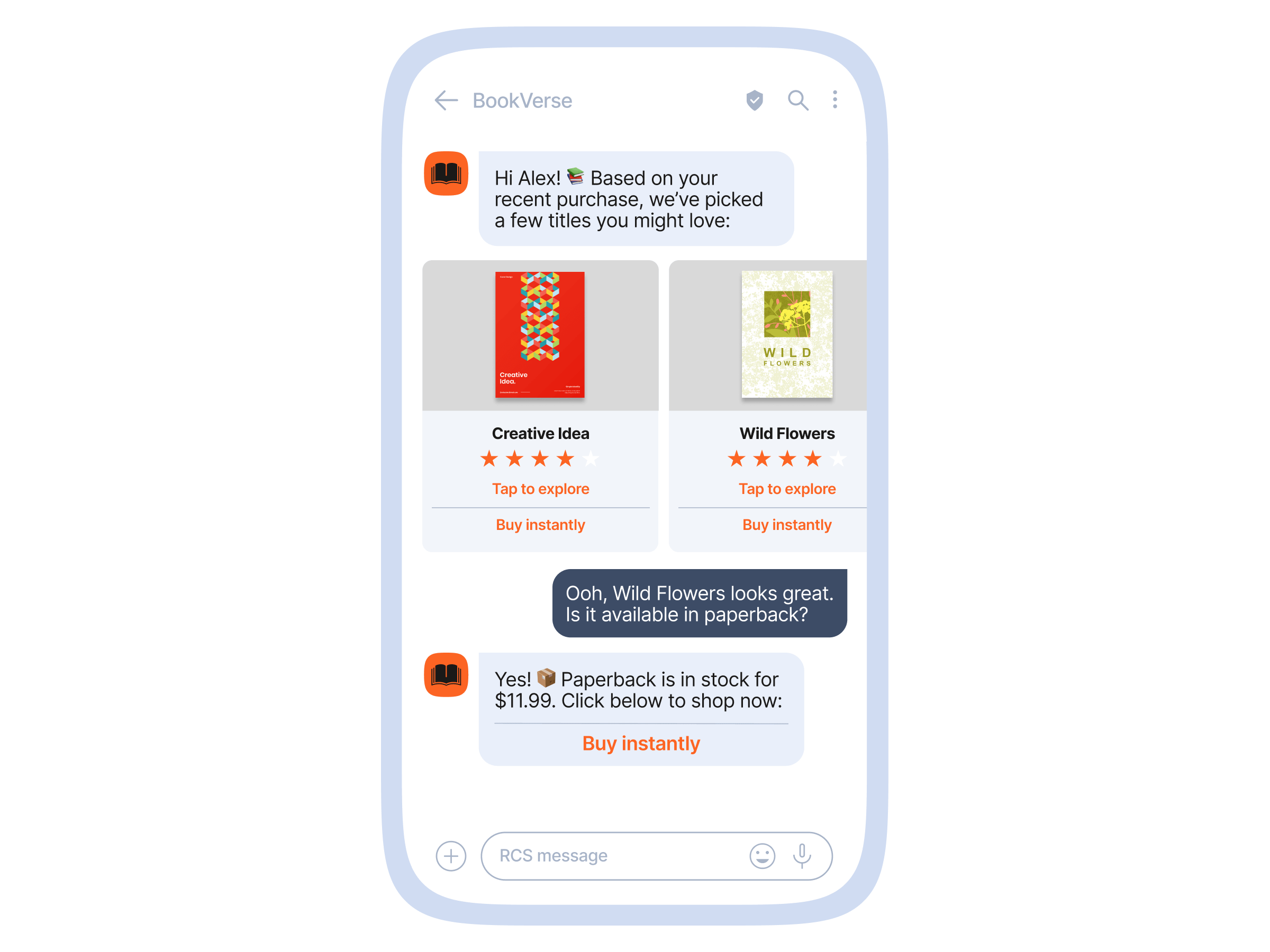 Chat conversation showcasing personalized book recommendations with options to explore and buy instantly.