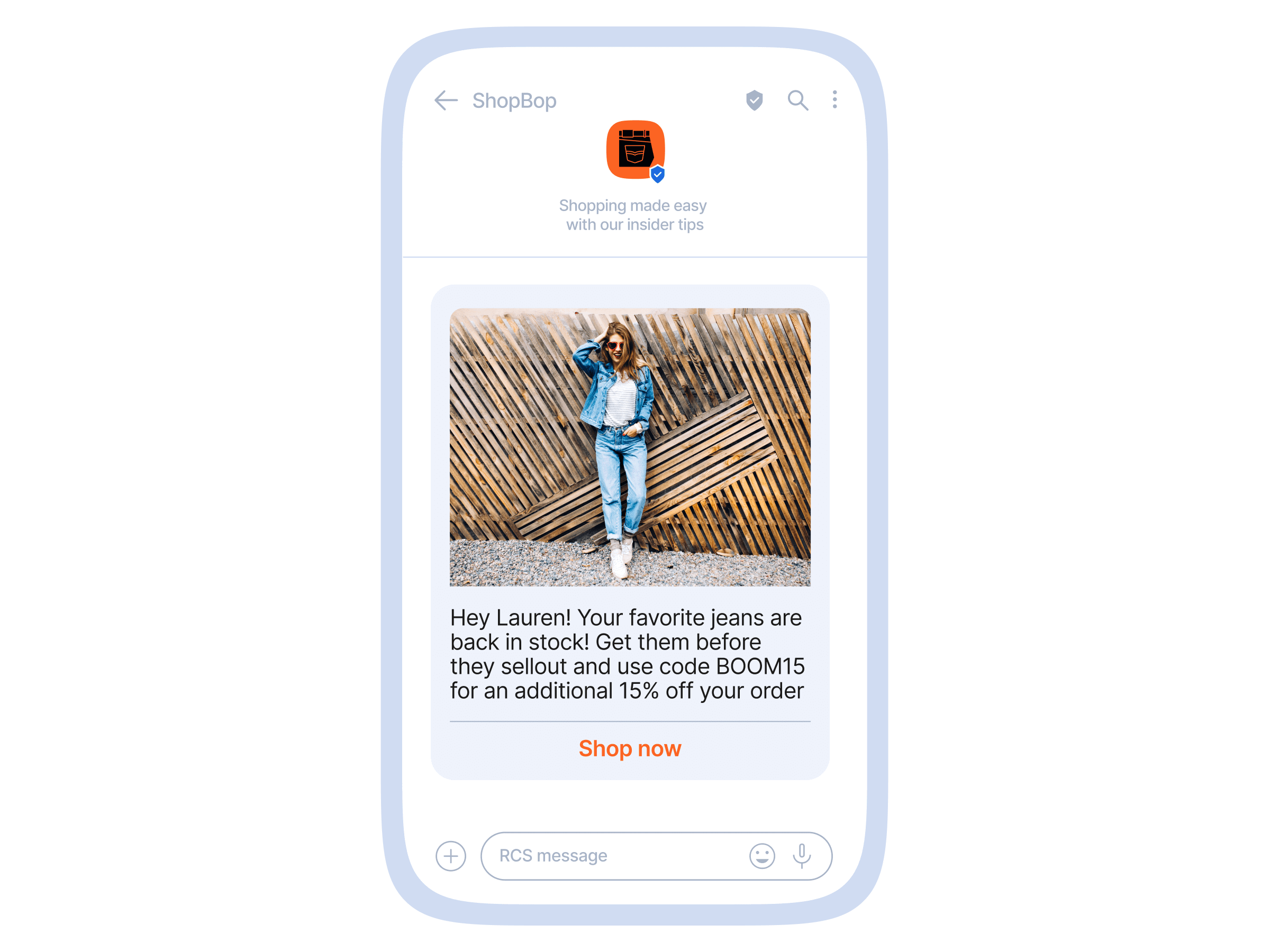 Mobile message announcing the restock of popular jeans with a time-sensitive discount offer.